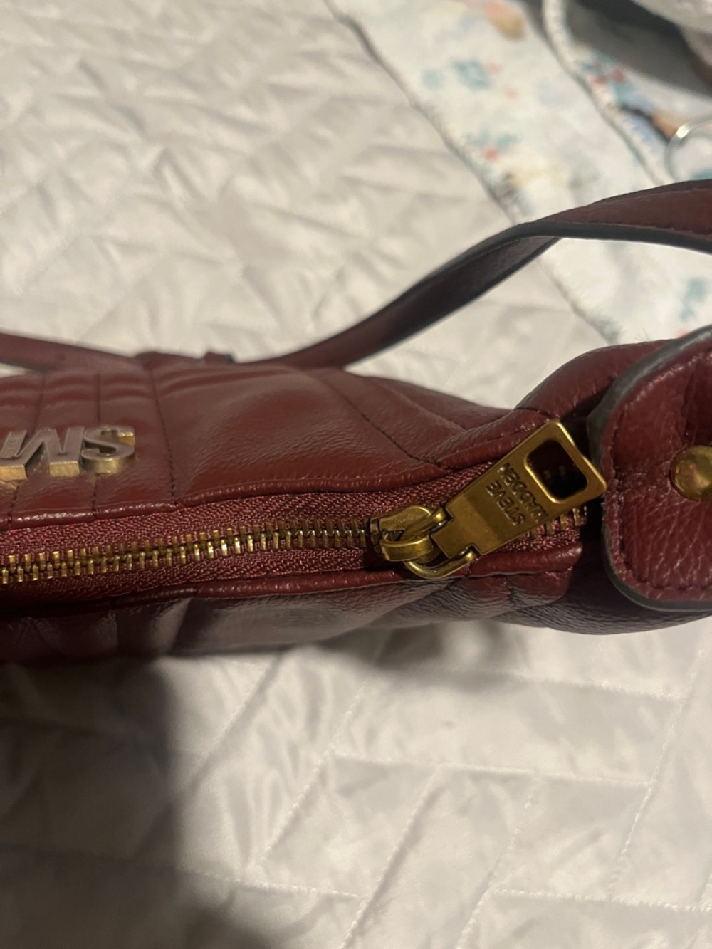 Steve Madden Burgundy Quilted Shoulder Bag | SM Logo Mini Hobo Purse - Picture 4 of 4
